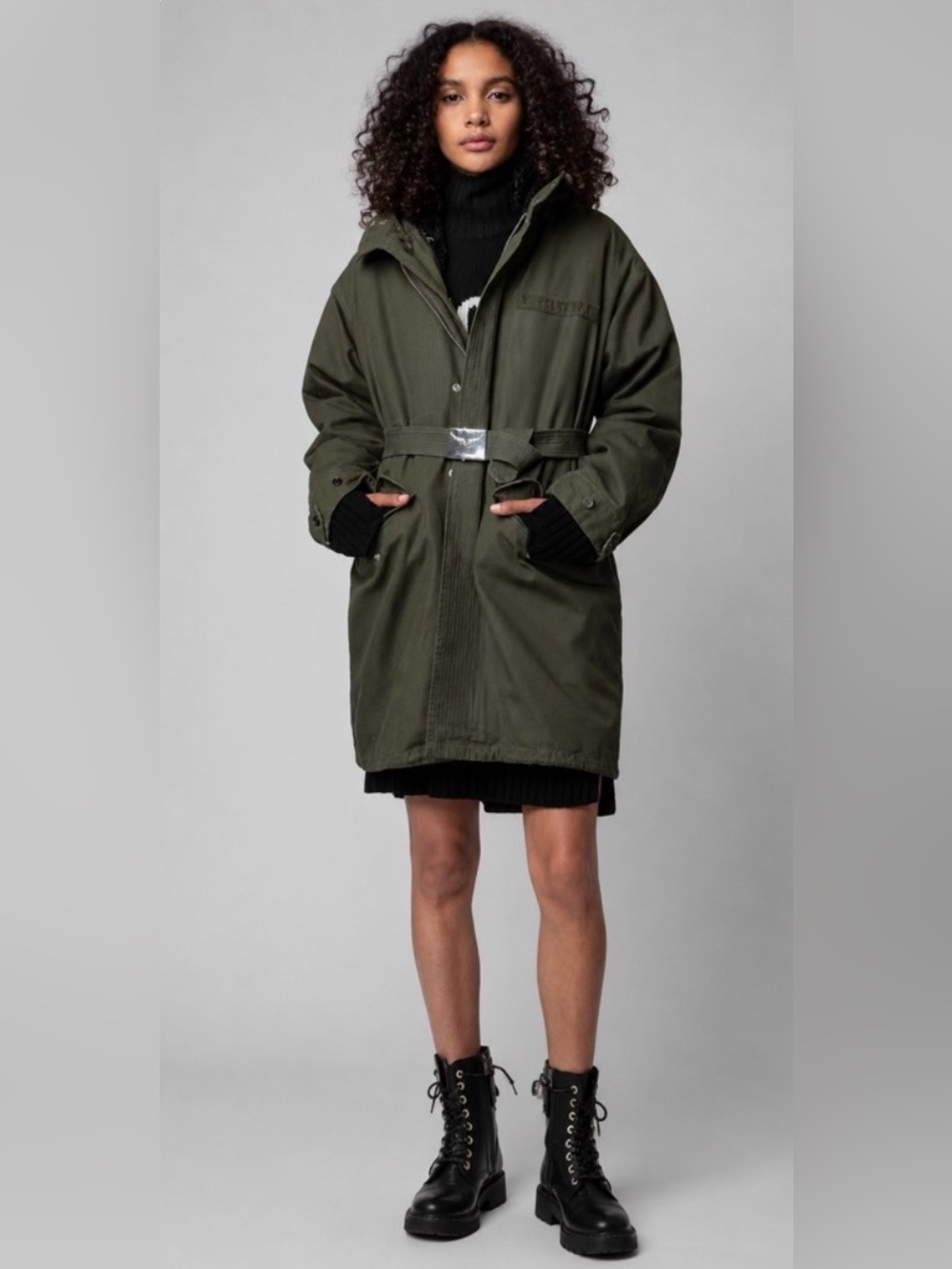 NWT $998 Zadig & Voltaire Kiwi Canvas Khaki Green Parka Coat Faux Fur Lined Sz M